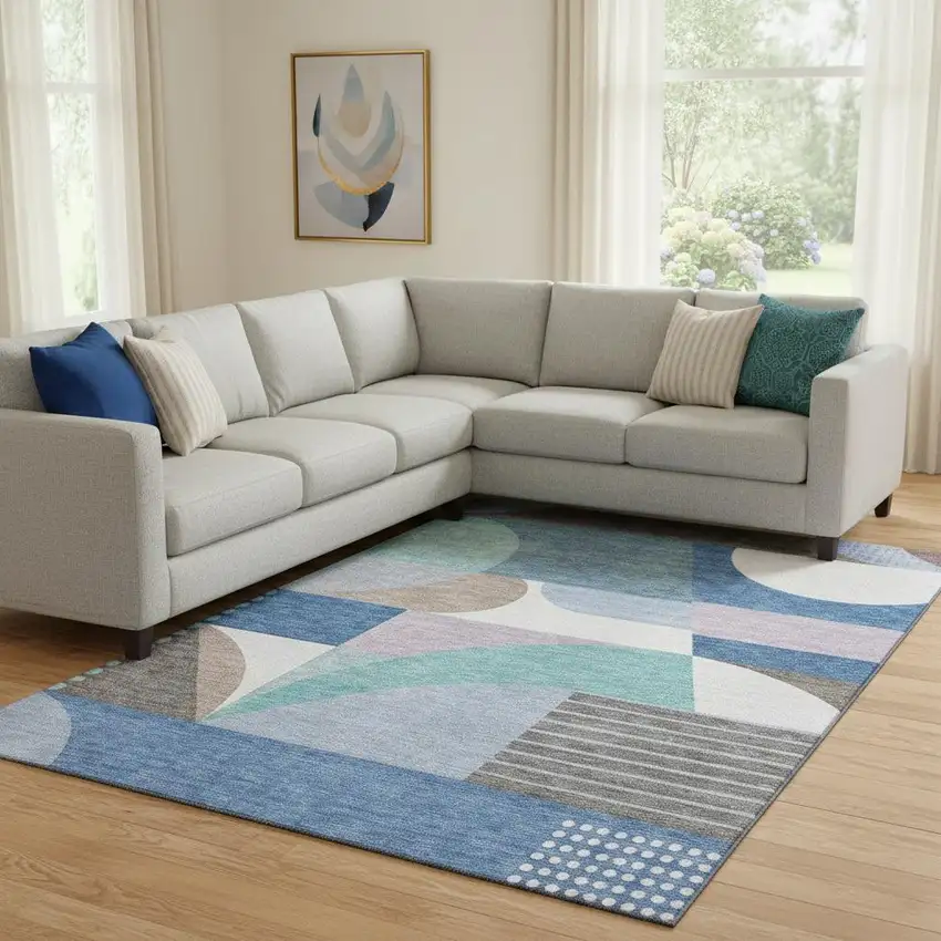 Sky Blue Teal And Ivory Geometric Washable Area Rug With UV Protection Photo 2