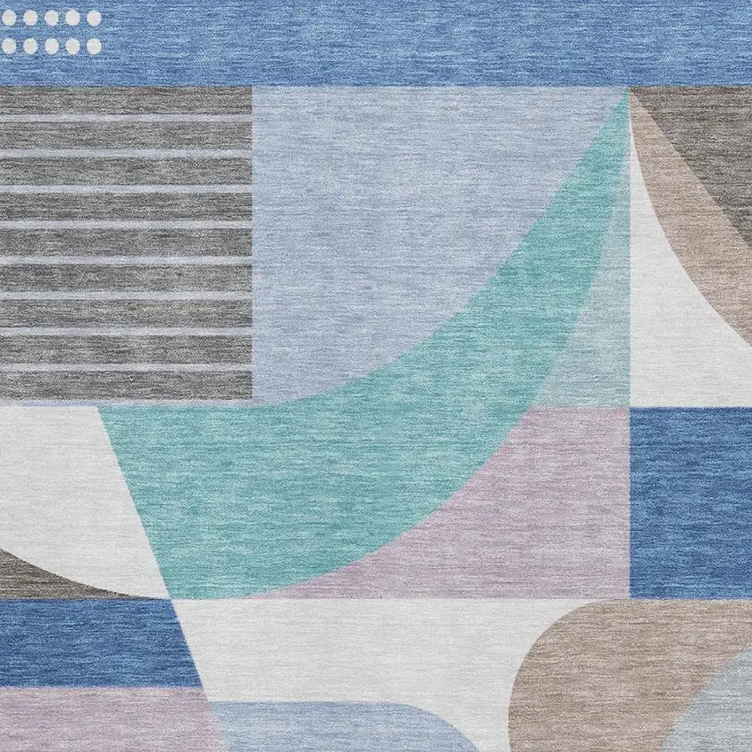 Sky Blue Teal And Ivory Geometric Washable Area Rug With UV Protection Photo 2