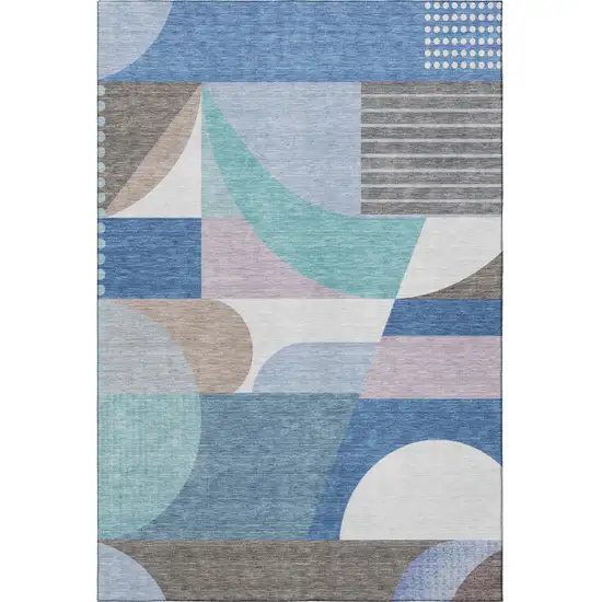 Sky Blue Teal And Ivory Geometric Washable Area Rug With UV Protection Photo 3