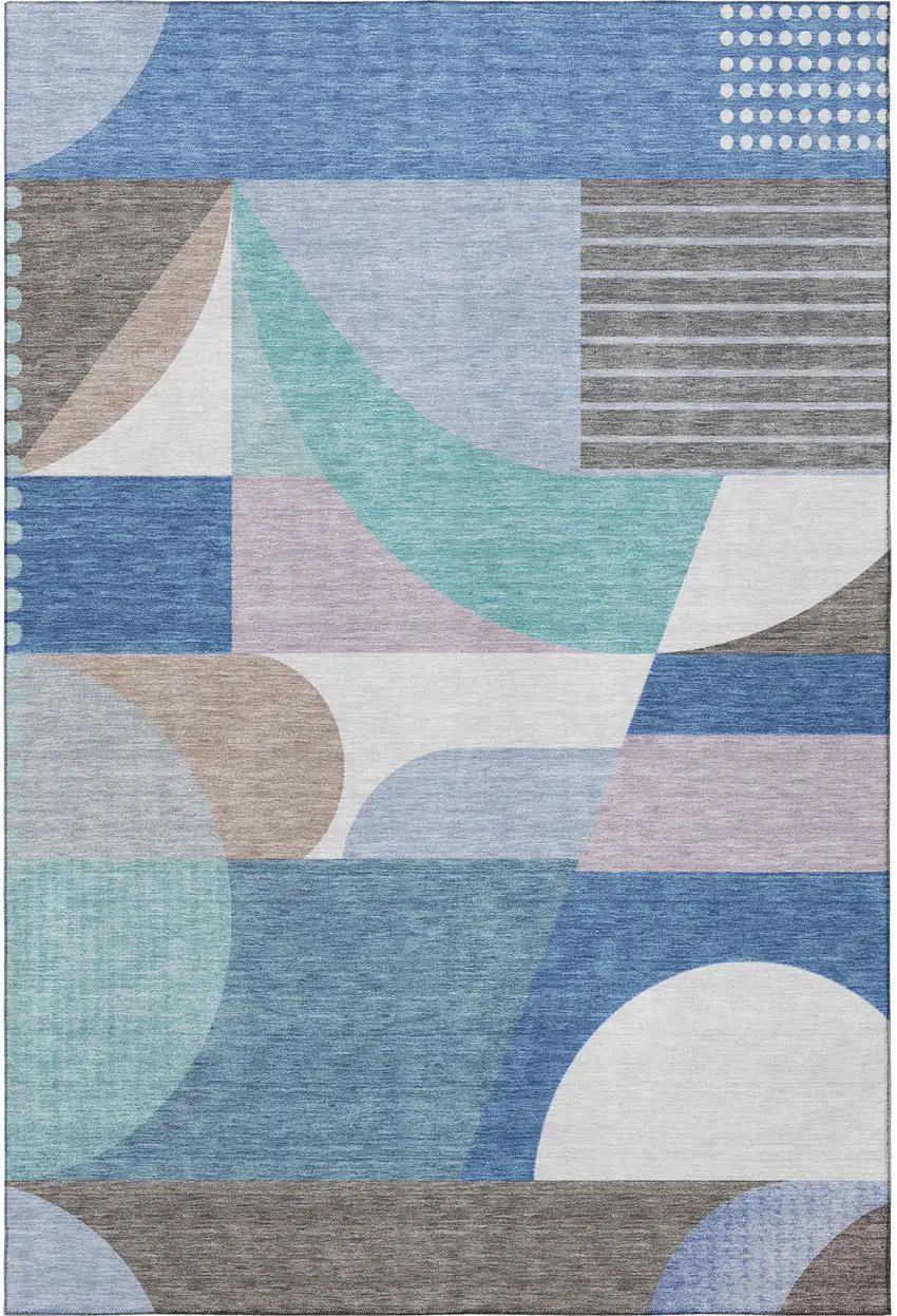 Sky Blue Teal And Ivory Geometric Washable Area Rug With UV Protection Photo 3