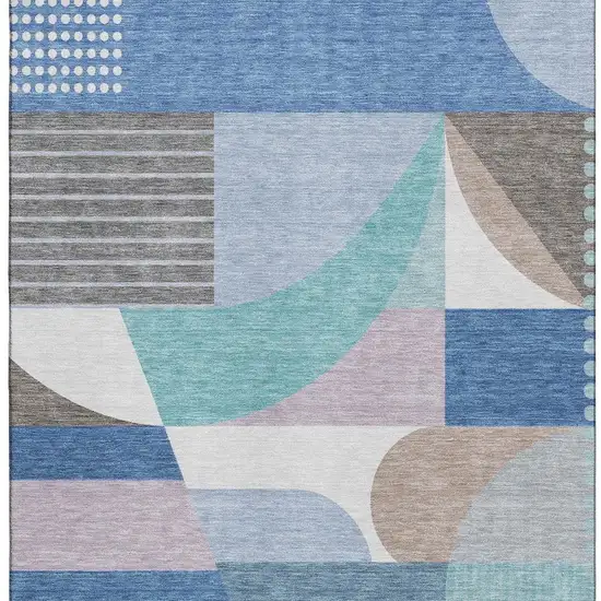 Sky Blue Teal And Ivory Geometric Washable Area Rug With UV Protection Photo 2