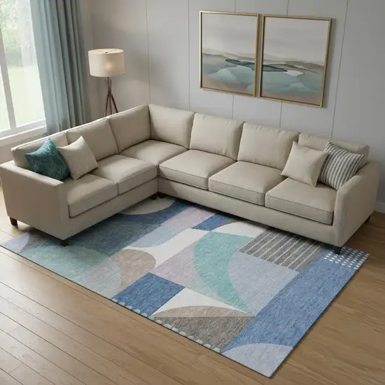 Sky Blue Teal And Ivory Geometric Washable Area Rug With UV Protection Photo 2