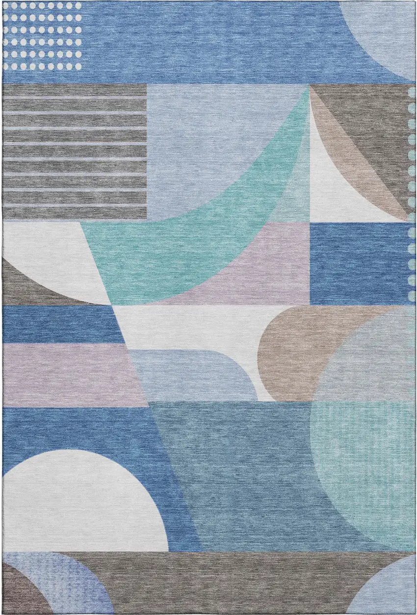 Sky Blue Teal And Ivory Geometric Washable Area Rug With UV Protection Photo 1