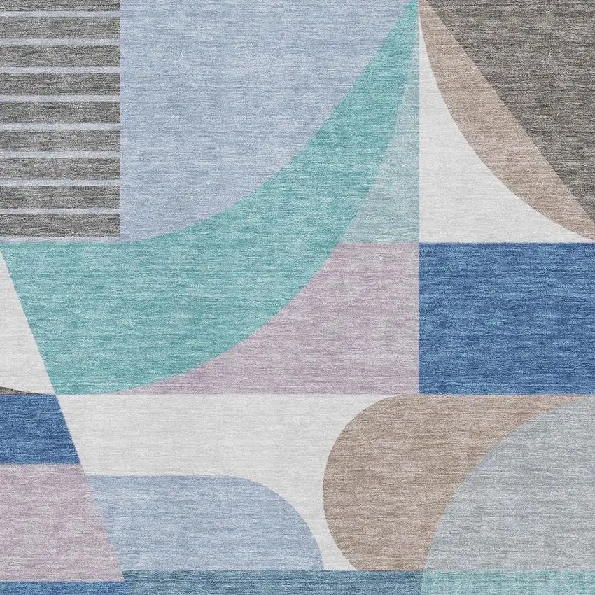 Sky Blue Teal And Ivory Geometric Washable Area Rug With UV Protection Photo 2