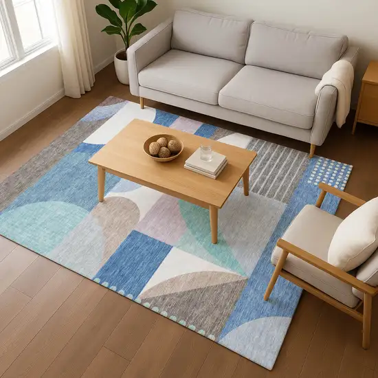 Sky Blue Teal And Ivory Geometric Washable Area Rug With UV Protection Photo 5