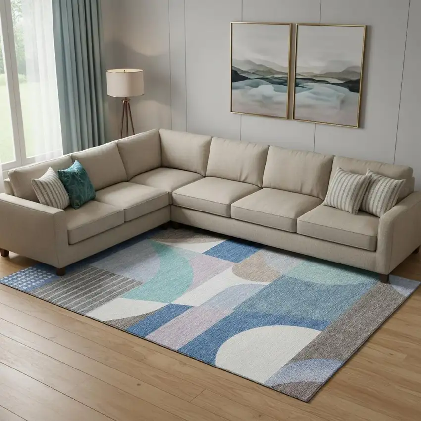 Sky Blue Teal And Ivory Geometric Washable Area Rug With UV Protection Photo 2