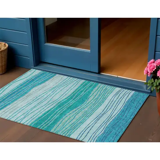 Sky Blue Teal Blue And Aqua Striped Washable Indoor Outdoor Area Rug Photo 1