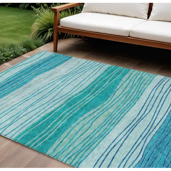 Sky Blue Teal Blue And Aqua Striped Washable Indoor Outdoor Area Rug Photo 1