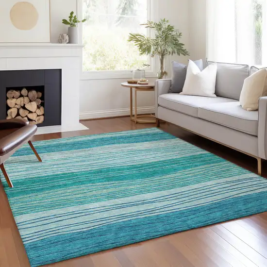 Sky Blue Teal Blue And Aqua Striped Washable Indoor Outdoor Area Rug Photo 7