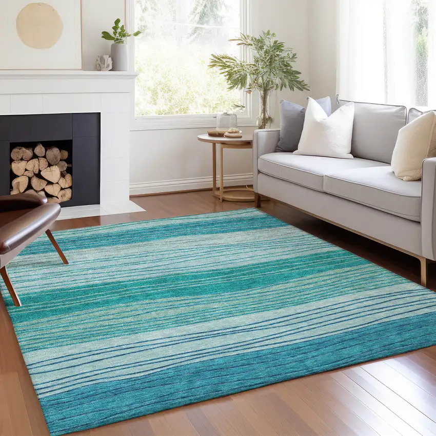 Sky Blue Teal Blue And Aqua Striped Washable Indoor Outdoor Area Rug Photo 7