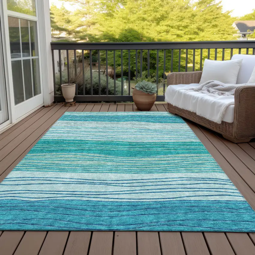 Sky Blue Teal Blue And Aqua Striped Washable Indoor Outdoor Area Rug Photo 6