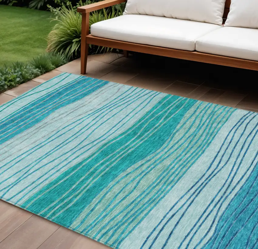 Sky Blue Teal Blue And Aqua Striped Washable Indoor Outdoor Area Rug Photo 1