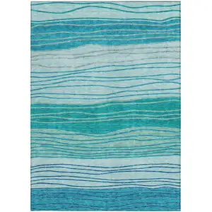 Photo of Sky Blue Teal Blue And Aqua Striped Washable Indoor Outdoor Area Rug