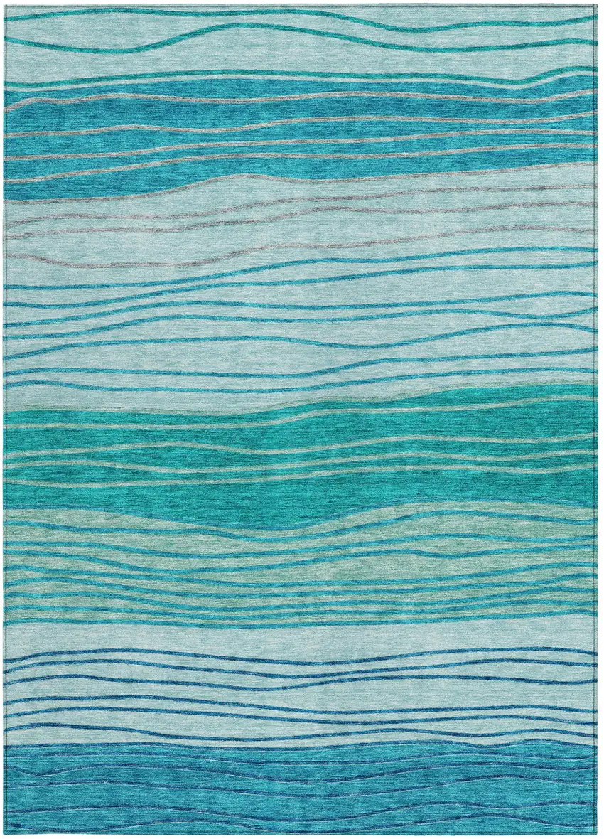 Sky Blue Teal Blue And Aqua Striped Washable Indoor Outdoor Area Rug Photo 4