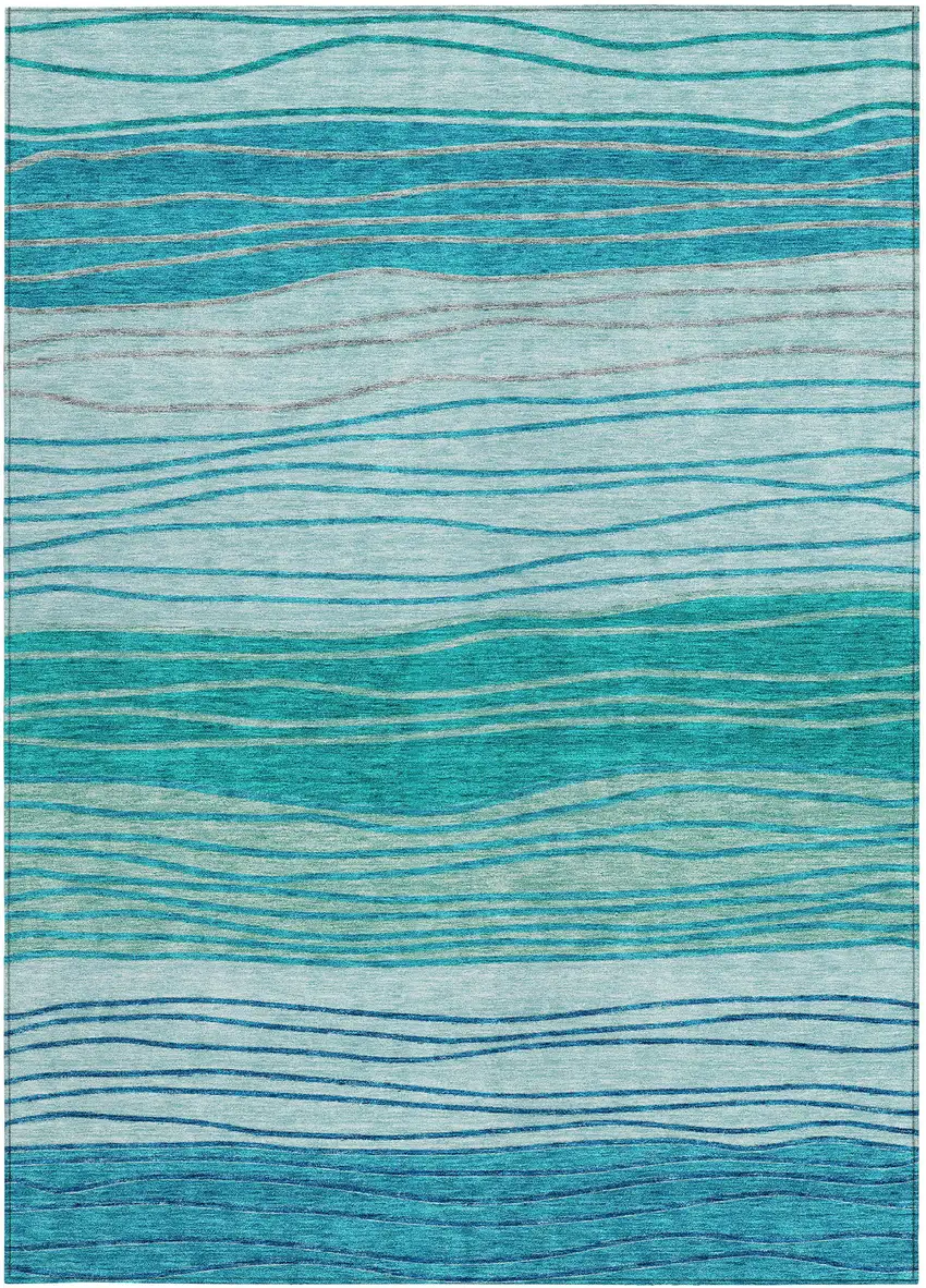Sky Blue Teal Blue And Aqua Striped Washable Indoor Outdoor Area Rug Photo 4