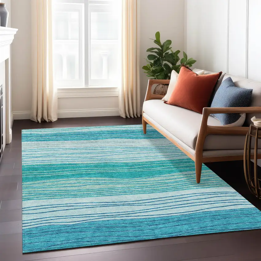 Sky Blue Teal Blue And Aqua Striped Washable Indoor Outdoor Area Rug Photo 7