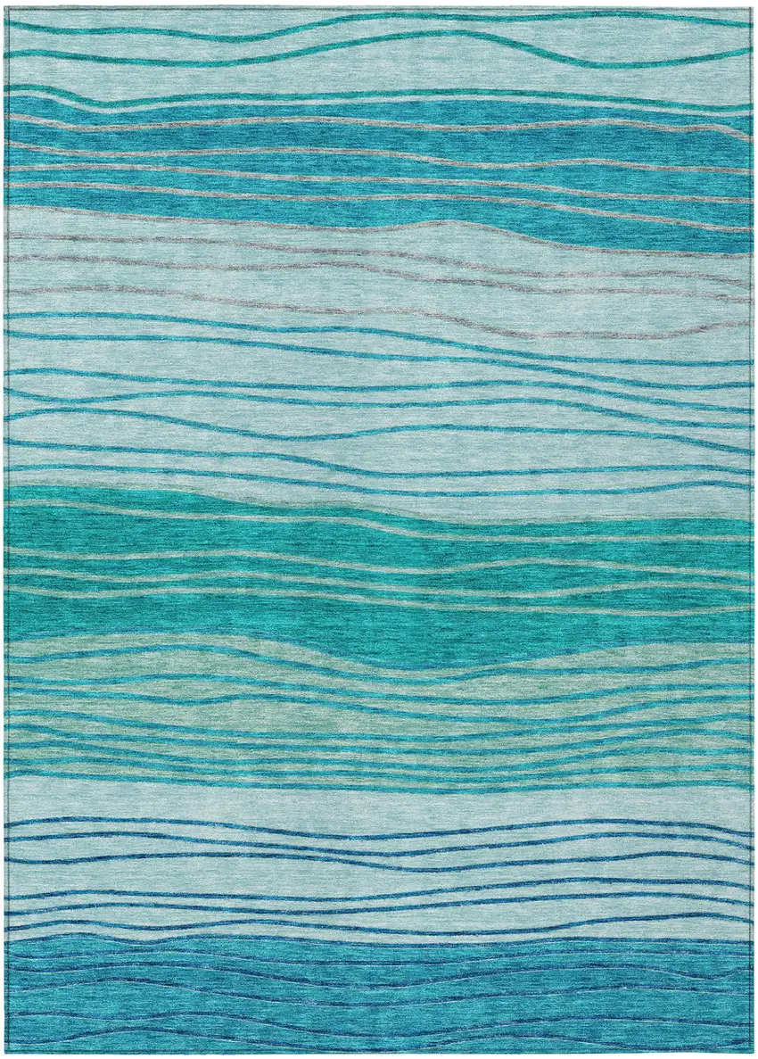 Sky Blue Teal Blue And Aqua Striped Washable Indoor Outdoor Area Rug Photo 2