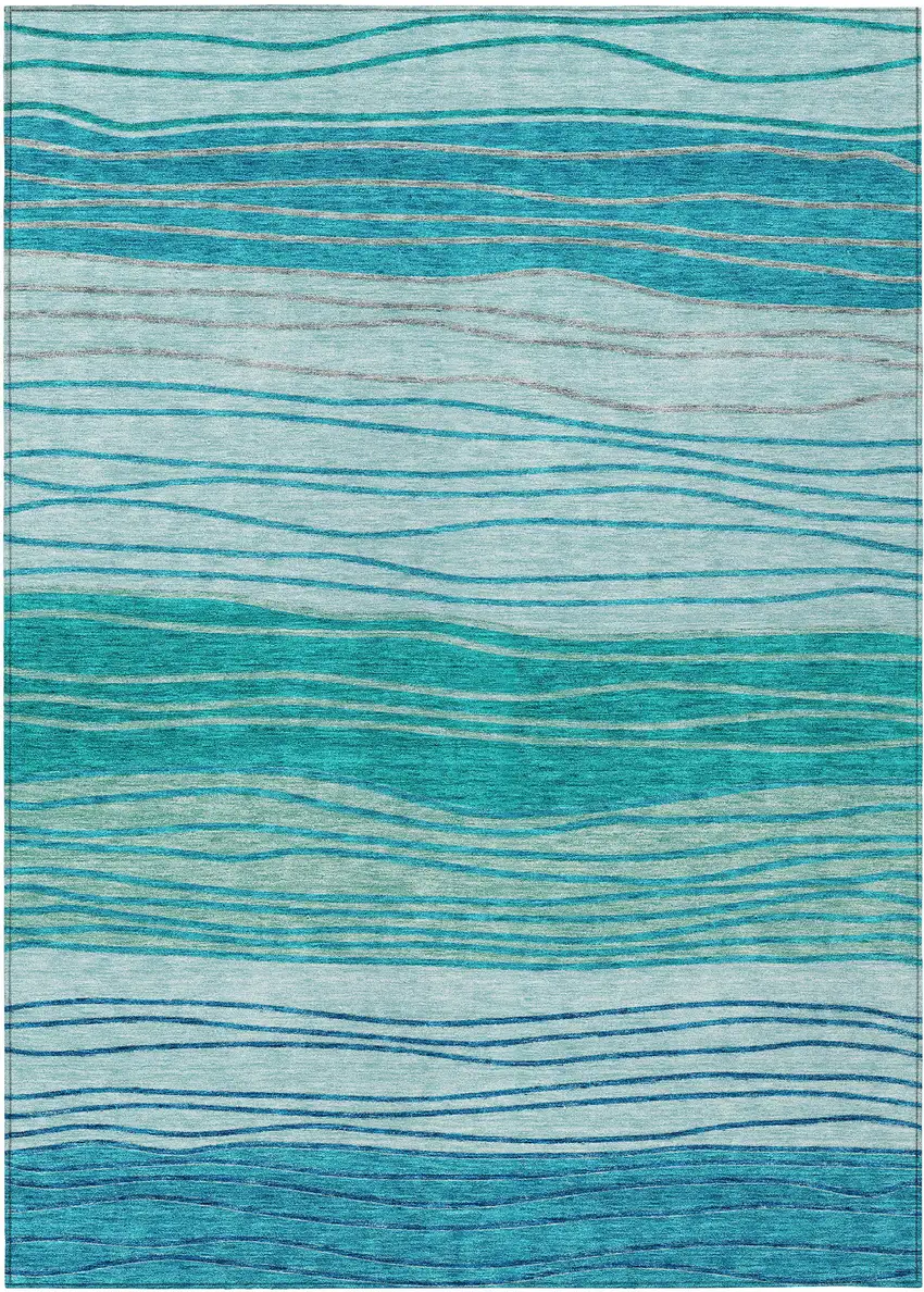 Sky Blue Teal Blue And Aqua Striped Washable Indoor Outdoor Area Rug Photo 2