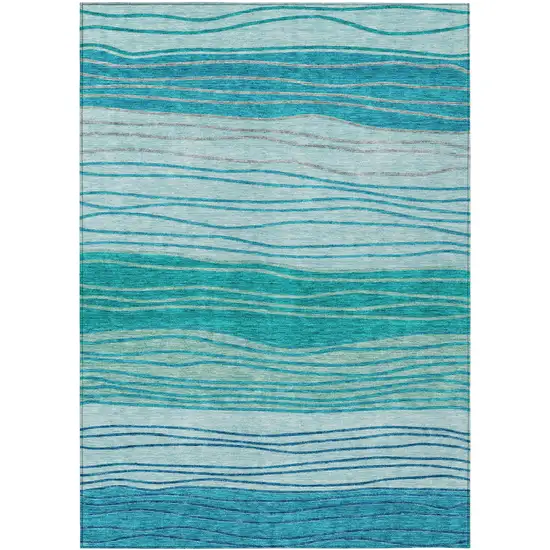 Sky Blue Teal Blue And Aqua Striped Washable Indoor Outdoor Area Rug Photo 1