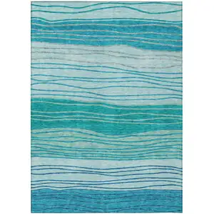 Photo of Sky Blue Teal Blue And Aqua Striped Washable Indoor Outdoor Area Rug