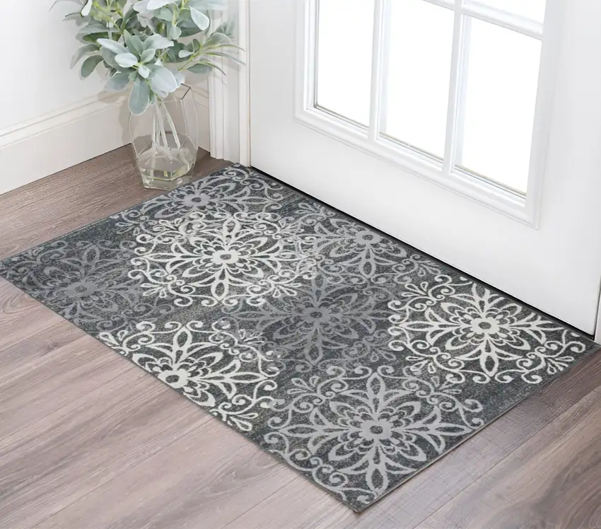 Slate And Gray Medallion Power Loom Stain Resistant Area Rug Photo 1