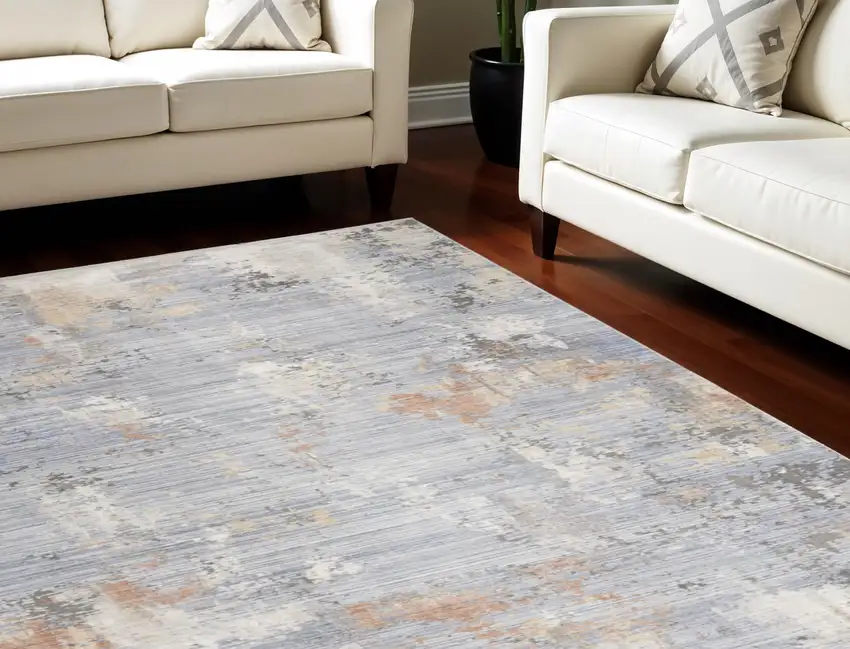 Slate Blue Abstract Area Rug With Fringe Photo 1