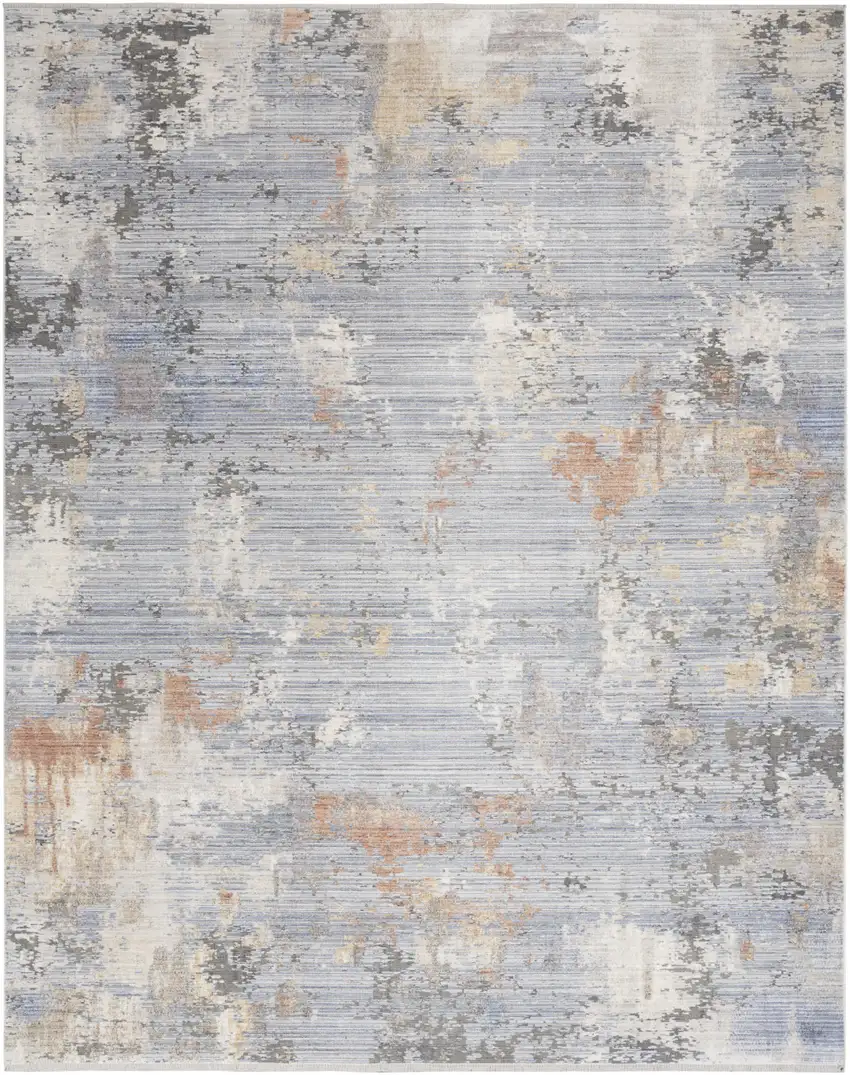 Slate Blue Abstract Area Rug With Fringe Photo 2