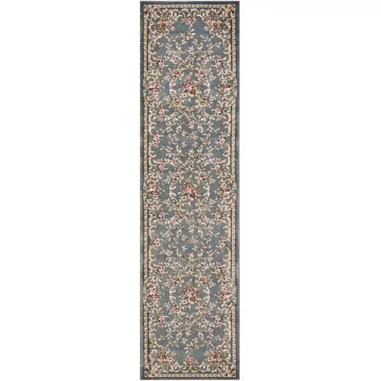 8' Slate Blue Red And Ivory Floral Medallion Runner Rug Photo 2