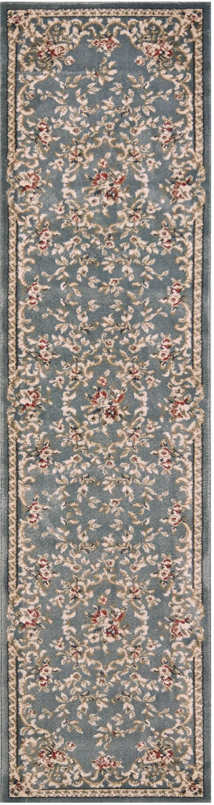 8' Slate Blue Red And Ivory Floral Medallion Runner Rug Photo 2