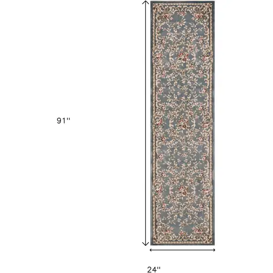 8' Slate Blue Red And Ivory Floral Medallion Runner Rug Photo 3
