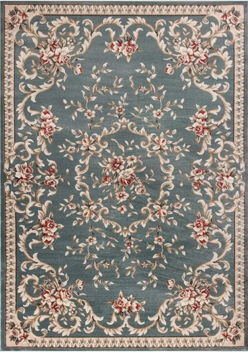 Slate Blue Floral Bordered Indoor Area Rug Photo 1