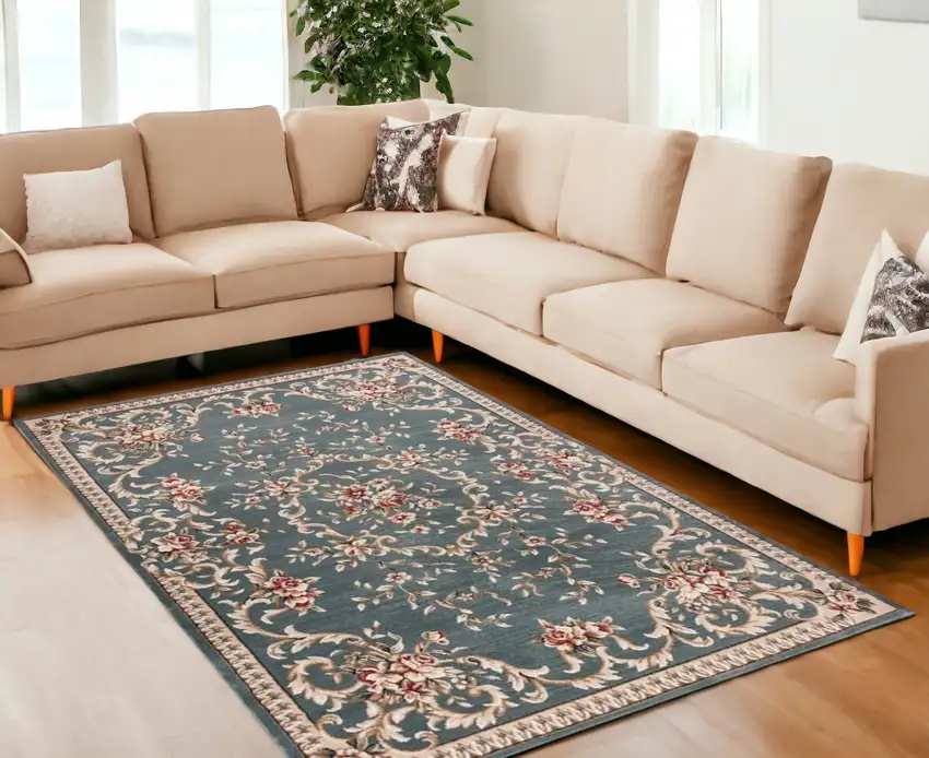 Slate Blue Floral Bordered Indoor Area Rug Photo 2