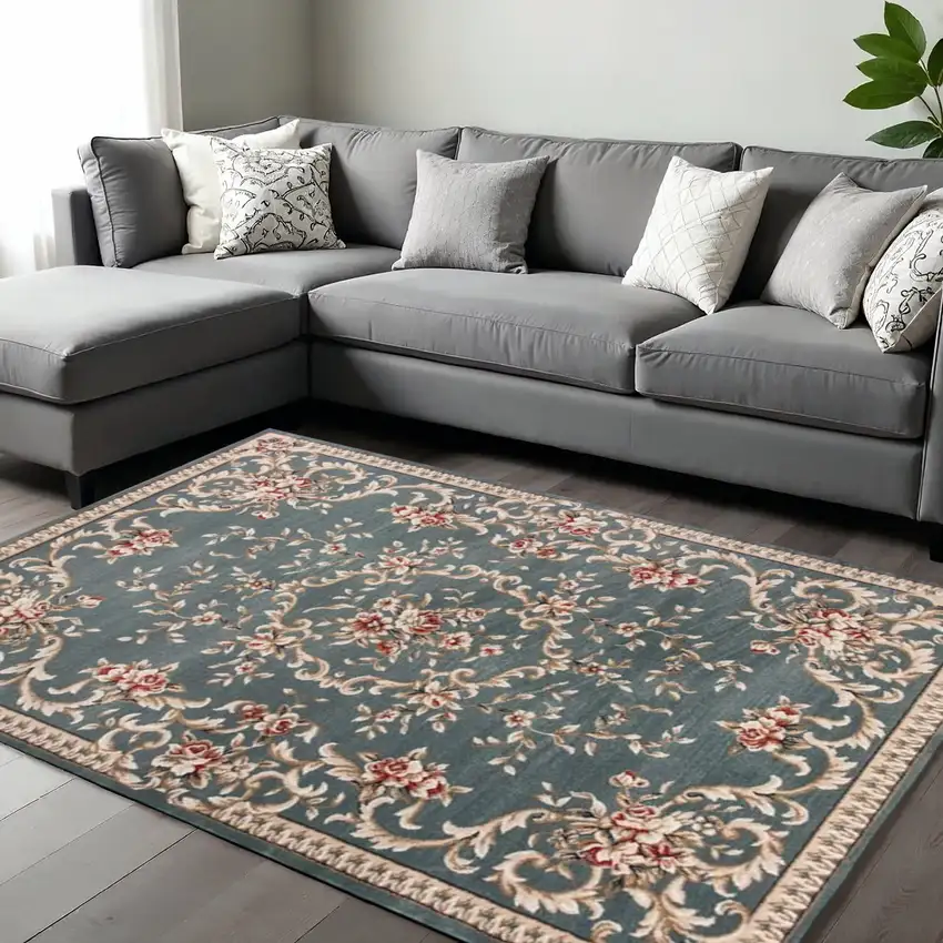 Slate Blue And Red Floral Medallion Area Rug Photo 1