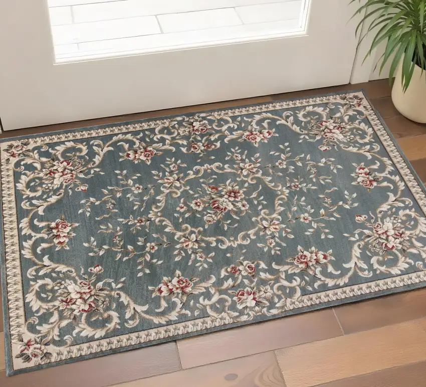 Slate Blue And Red Floral Medallion Area Rug Photo 1