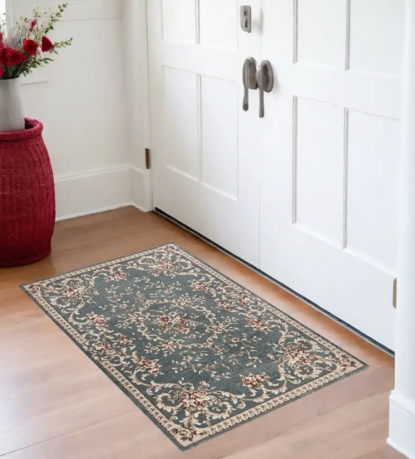 Slate Blue Floral Area Rug Photo 1