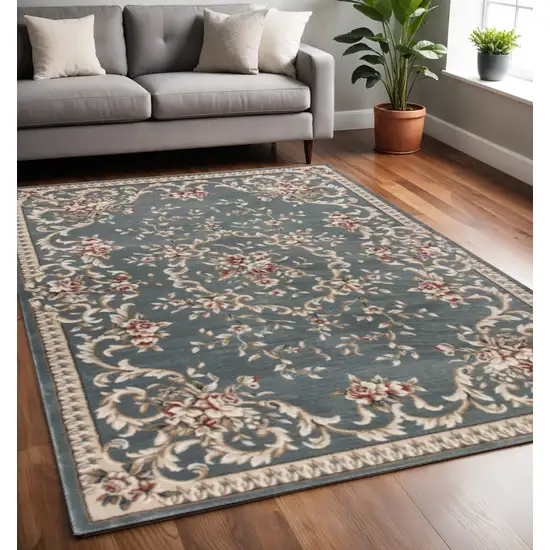 Slate Blue Red And Ivory Floral Medallion Area Rug Photo 1