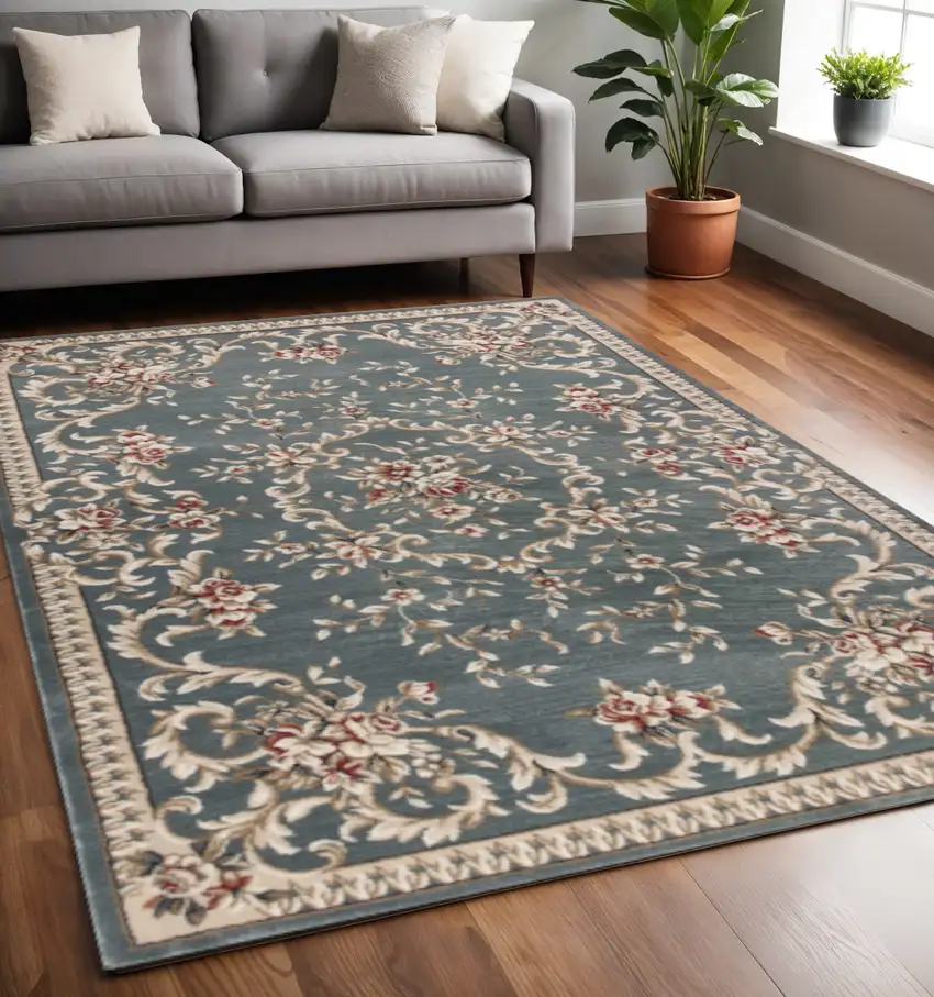 Slate Blue Red And Ivory Floral Medallion Area Rug Photo 1