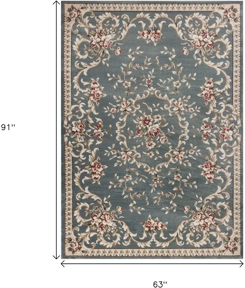 Slate Blue Red And Ivory Floral Medallion Area Rug Photo 3