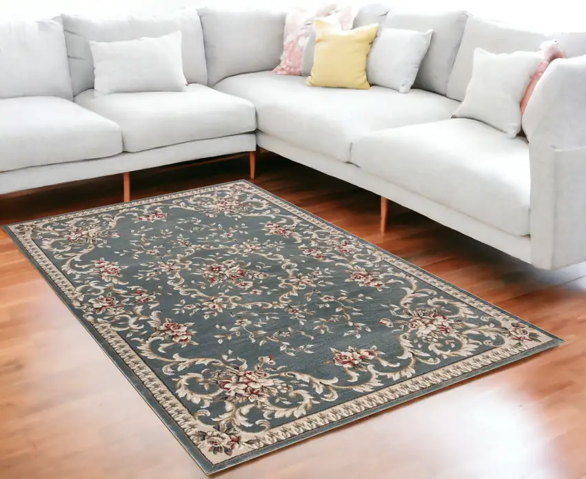 5'X8' Slate Blue Floral Indoor Area Rug Photo 1