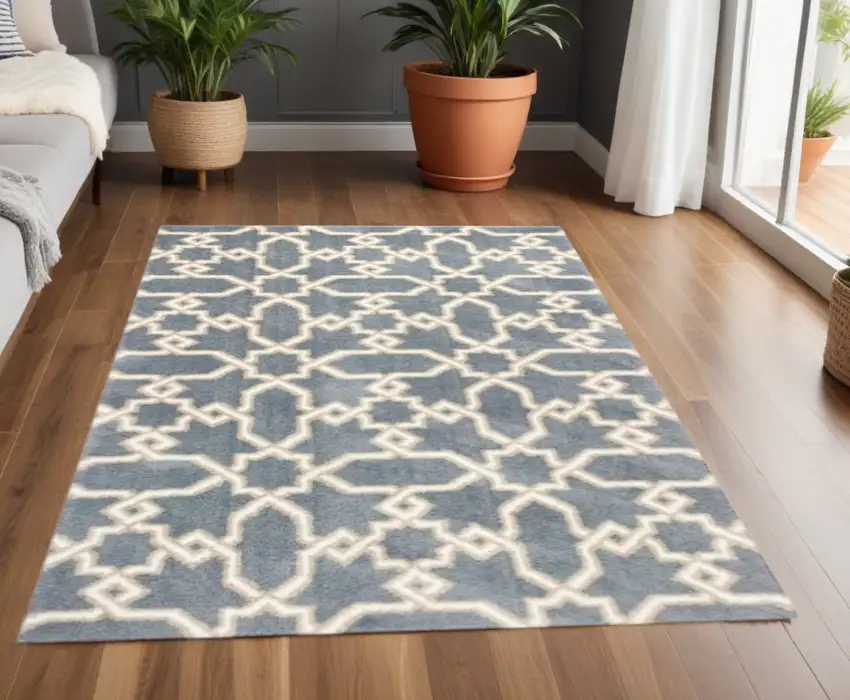 Slate Blue Geometric Machine Woven Microfiber Indoor Area Rug Photo 1