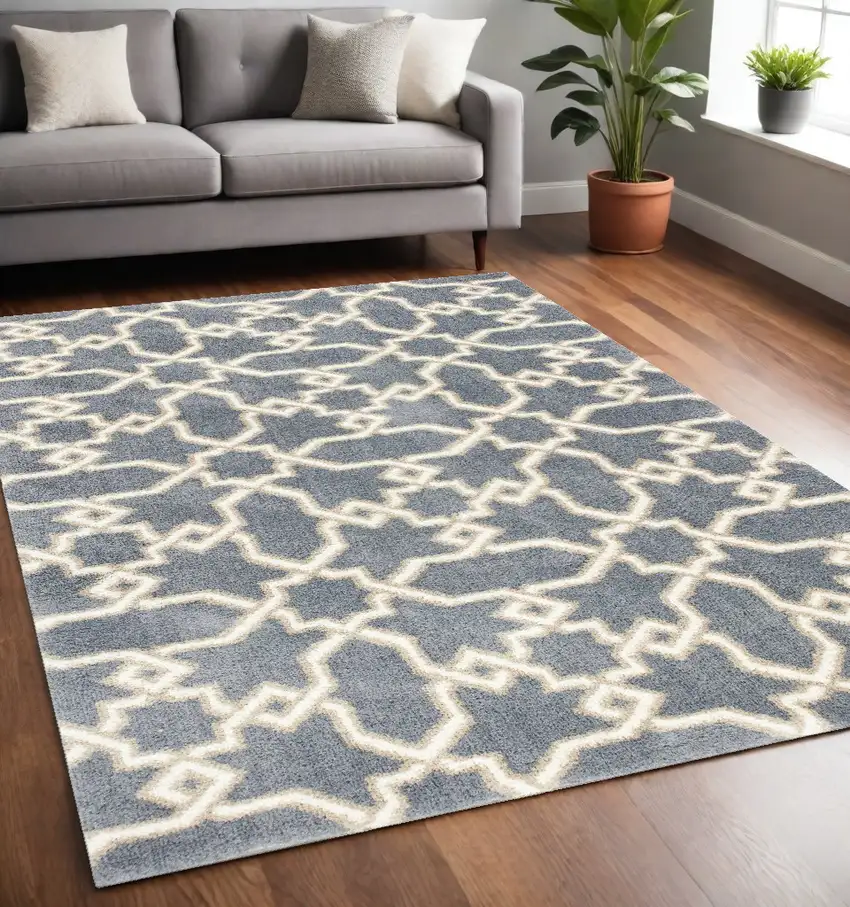 Slate Blue Geometric Pattern Microfiber Indoor Area Rug Photo 1