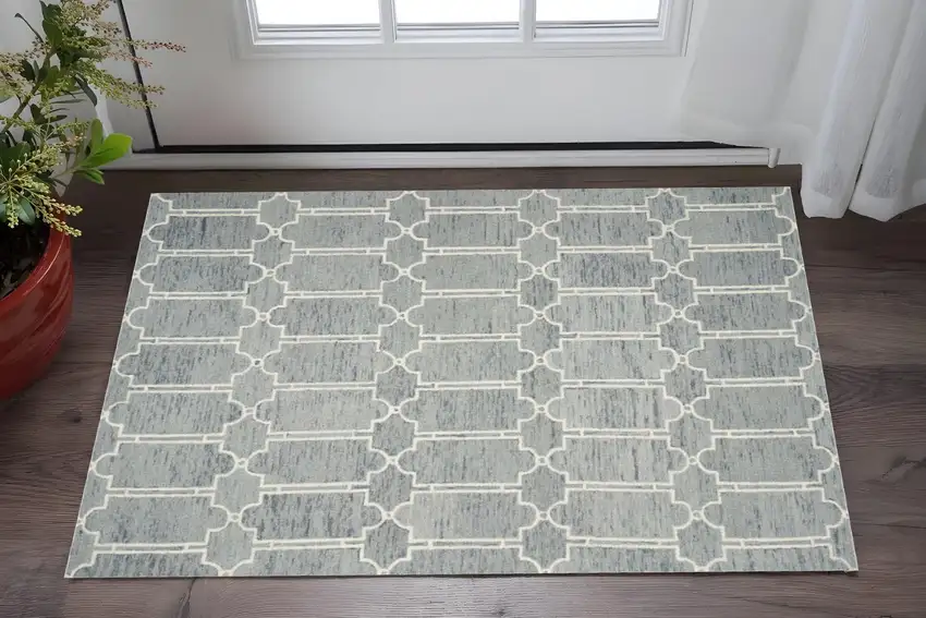 Slate Blue And Ivory Wool Geometric Hand Tufted Area Rug Photo 1