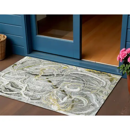 Slate Gray And Gold Abstract Washable Indoor Outdoor Area Rug Photo 1