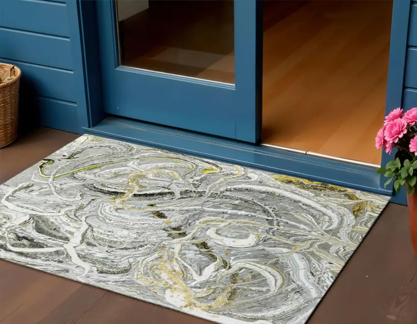 Slate Gray And Gold Abstract Washable Indoor Outdoor Area Rug Photo 1