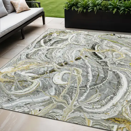 Slate Gray And Gold Abstract Washable Indoor Outdoor Area Rug Photo 1