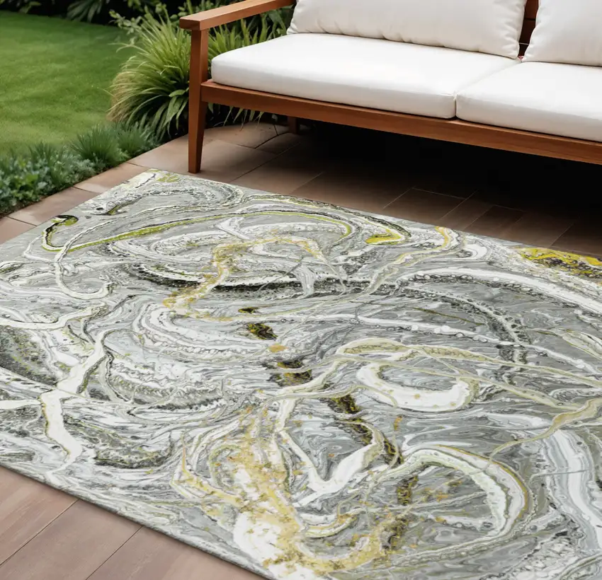 Slate Gray And Gold Abstract Washable Indoor Outdoor Area Rug Photo 1