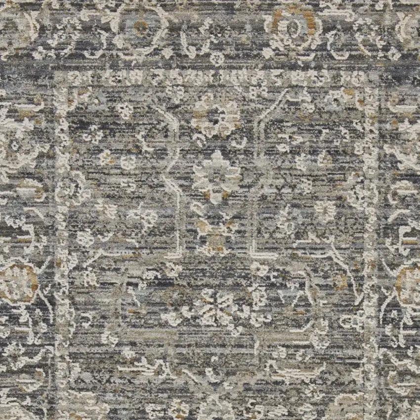 Slate Gray Brown And Ivory Floral Distressed Area Rug With Fringe Photo 6