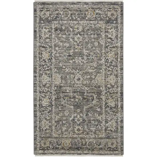 Slate Gray Brown And Ivory Floral Distressed Area Rug With Fringe Photo 9