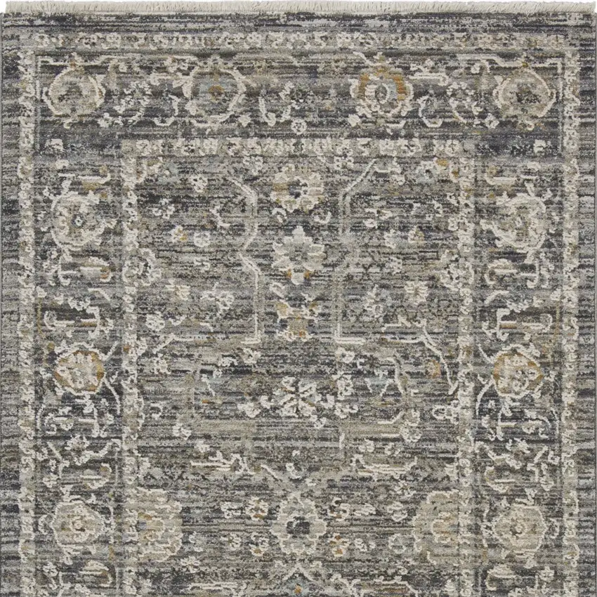 Slate Gray Brown And Ivory Floral Distressed Area Rug With Fringe Photo 7