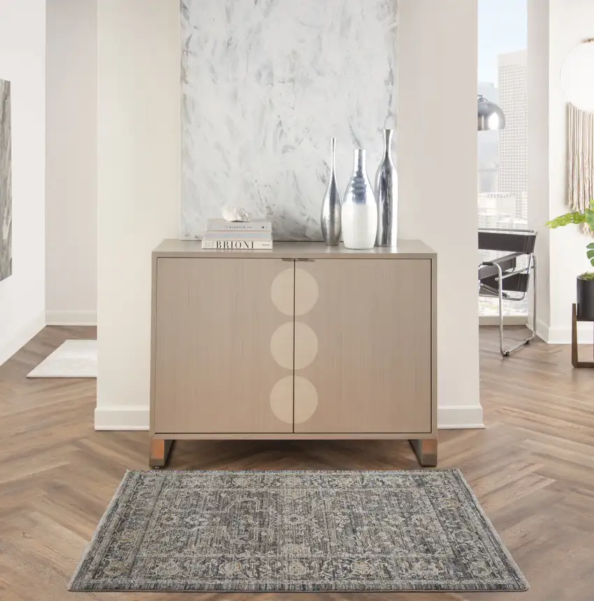 Slate Gray Brown And Ivory Floral Distressed Area Rug With Fringe Photo 5